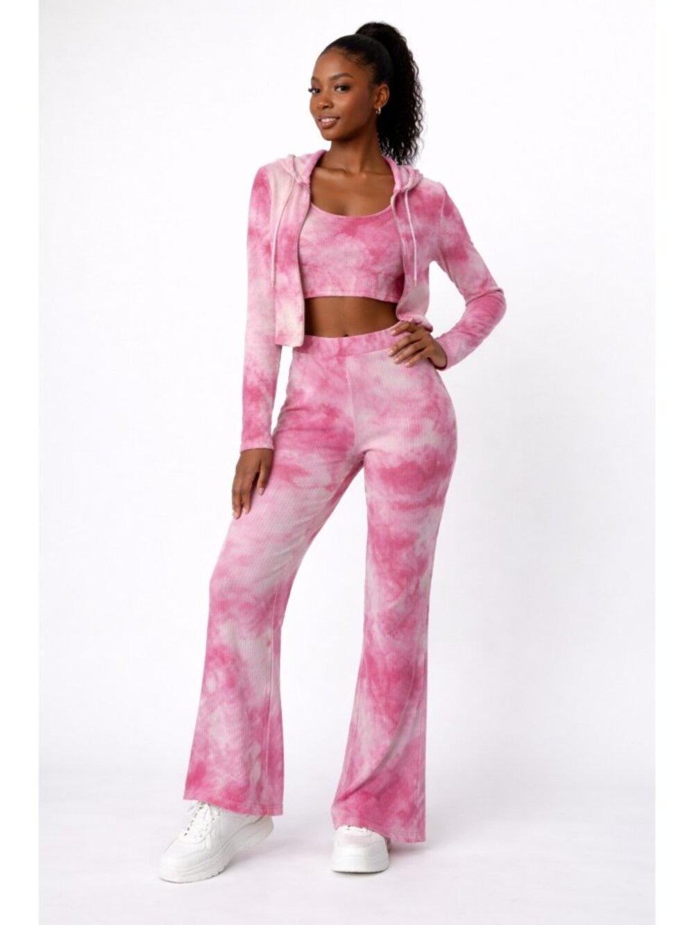 3-Piece Tie Dye Lounge Set Small Pink Hoodie Cami Flare Pants Y2K Loungewear